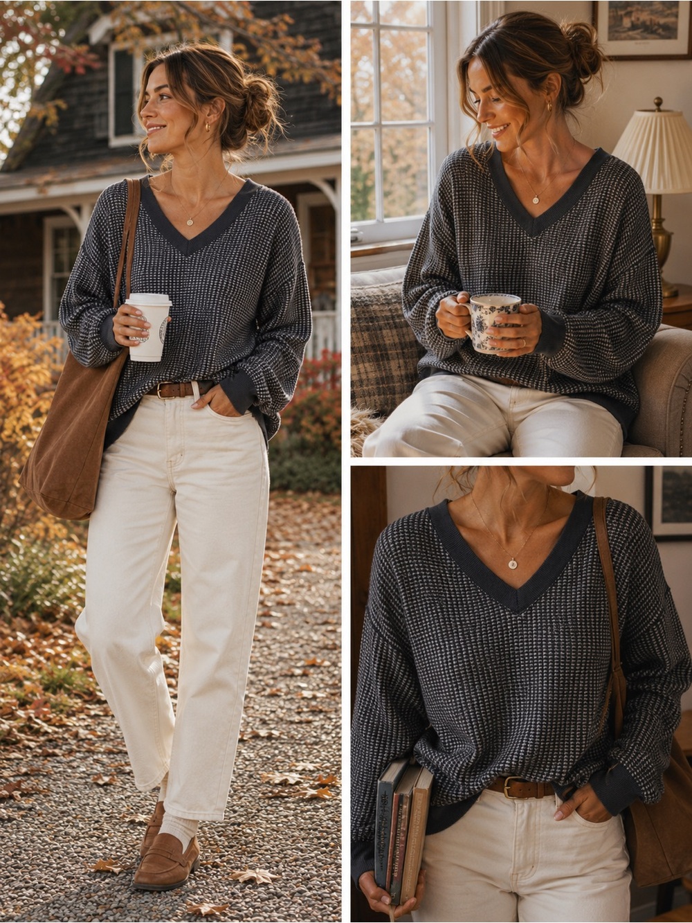 Cozy Preppy Casual Navy V-Neck Waffle Knit Sweater - Size XX-Small